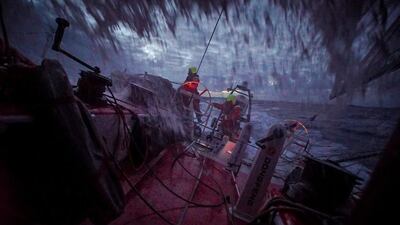 Water flows onto the deck of the Dongfeng Race Team boat on Monday during Leg 5 of the Volvo Ocean Race to Itajai, Brazil. Yann Riou / Dongfeng Race Team / Volvo Ocean Race