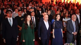Prince Ali bin Al Hussein, front centre, chairman of Jordan's Royal Film Commission, and Princess Rym Ali, president of the Amman International Film Festival, at the opening. Photo: Jordan News Agency