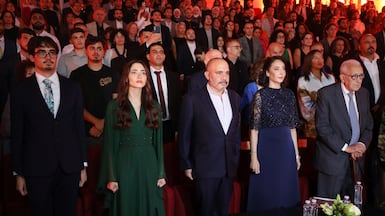 Prince Ali bin Al Hussein, front centre, chairman of Jordan's Royal Film Commission, and Princess Rym Ali, president of the Amman International Film Festival, at the opening. Photo: Jordan News Agency