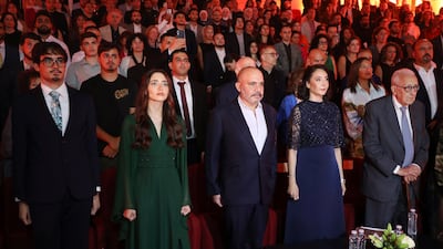 Prince Ali bin Al Hussein, front centre, chairman of Jordan's Royal Film Commission, and Princess Rym Ali, president of the Amman International Film Festival, at the opening. Photo: Jordan News Agency