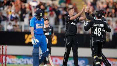 Bowler Tim Southee celebrates the wicket of India's Virat Kohli. AP