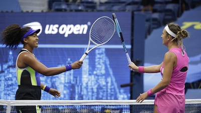 Naomi Osaka and Victoria Azarenka meet at the net after their US Open final match. EPA