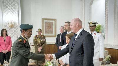 Lieutenant General Hamad Thani Al Romaithi, Chief of Staff UAE Armed Forces, greets General Sir Peter Cosgrove, Governor-General of Australia during a reception at Mushrif Palace. Rashed Al Mansoori / Crown Prince Court - Abu Dhabi