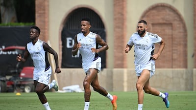 Left to right: Real Madrid's Vinicius Junior, Eder militao and Karim Benzema during training in the US. AFP