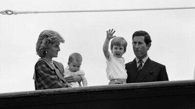 Prince Charles, Prince of Wales and Diana, Princess of Wales with their sons William and Harry aboard Royal Yacht Britannia in Venice in 1985. Getty Images