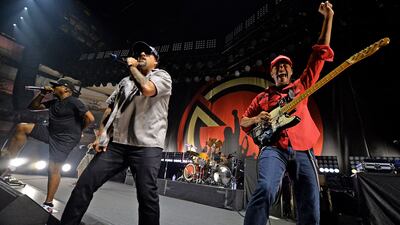 From left, Chuck D, B-Real and Tom Morello of Prophets of Rage. Kevin Winter / Getty Images