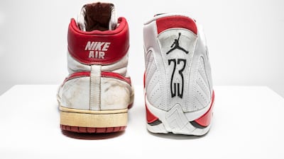 Left, Air ship Nike from 1984 and right, the Air Jordan 14 from 1998. Courtesy Christie's