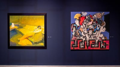 Works by Jaber Alwan, left, and Ahmed Alsoudani. Victor Besa / The National