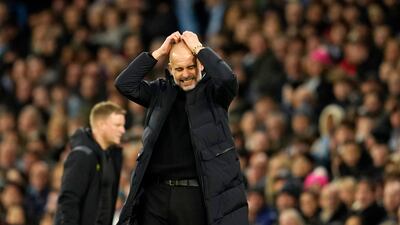 Manchester City's head coach Pep Guardiola rues a missed chance. AP