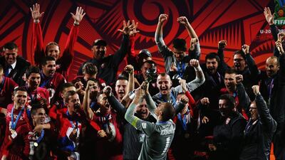 Serbia celebrate winning the 2015 U20 World Cup in New Zealand. Hannah Peters / Getty Images / June 20, 2015