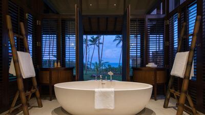 An in-villa bathroom overlooks the Bay of Weligama at Cape Weligama in Sri Lanka. Photo courtesy Sebastian Posingis