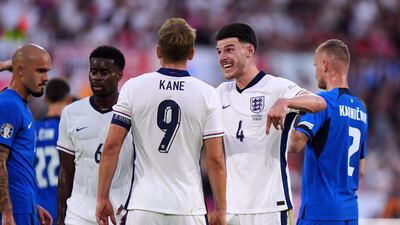 England's Bukayo Saka, Declan Rice and Harry Kane. PA