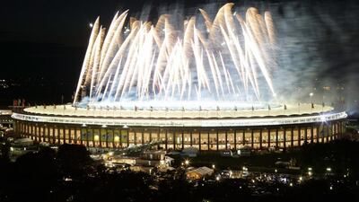 Fireworks explode over the Olympic stadium after the 2006 World Cup final between Italy and France in Berlin on July 9, 2006. Fabrizio Bensch / Reuters