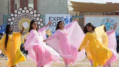 Students from Indian schools perform for an India Republic Day event at the Indian High School in Oud Mehta. Leslie Pableo for The National