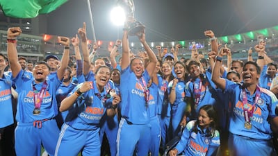 India captain Harmanpreet Kaur celebrates with teammates after winning the ODI World Cup final against South Africa at the DY Patil Stadium. Getty Images