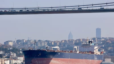 A Sierra Leone-flagged oil tanker sails through Istanbul. Tankers off Turkey's Black Sea coast have faced drone attacks. Reuters