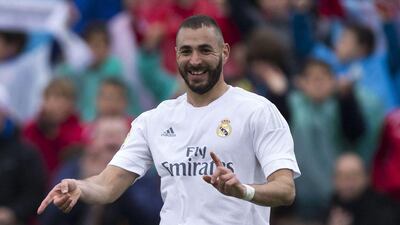Karim Benzema of Real Madrid celebrates his goal against Getafe on Saturday, Real's first in a 5-1 La Liga victory. Gonzalez Arroyo Moreno / Getty Images / April 16, 2016