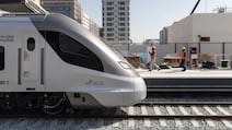 An Etihad Rail passenger train at Mohamed bin Zayed City Station in Abu Dhabi. Antonie Robertson / The National