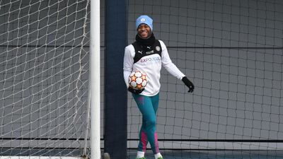 Manchester City's Raheem Sterling smiles during a team training session. City hold a 5-0 advantage over their Portuguese opponents from the first leg. AFP