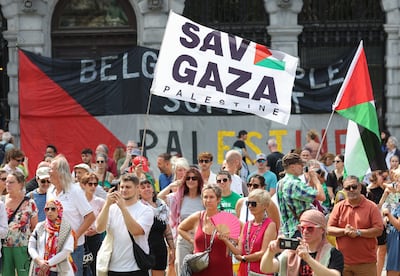 People protest in solidarity with the Palestinian people ahead of a debate at the Belgian parliament on the Gaza crisis. EPA