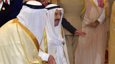 Emir of Kuwait, Jaber al-Ahmad al-Sabah, (R) and King Salman of Saudi Arabia arrive to attend the 29th Summit of the Arab League at the Ithra Centre in Dhahran, Eastern Saudi Arabia, on April 15, 2018. AFP Photo