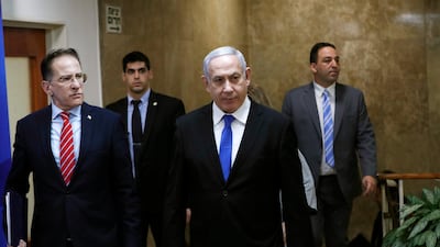 Israeli Prime Minister Benjamin Netanyahu arrives to the weekly cabinet meeting in Jerusalem on Sunday, December 8, 2019. AP