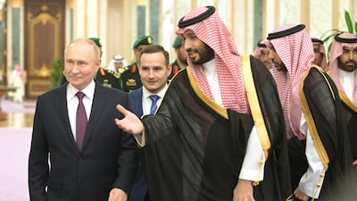 Saudi Crown Prince Mohammed bin Salman welcomes Russian President Vladimir Putin during his visit to Riyadh, in 2023. EPA