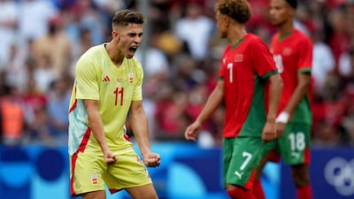 Spain's Fermin Lopez celebrates after scoring their equaliser. AP