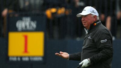 Mark O'Meara reacts after he tees off the first during Round 1 of The Open Championship 2017 at Royal Birkdale Golf Club, Southport. Press Association