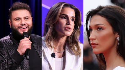 Palestinains with a platfrom have been speaking up about Palestine in various ways. Pictured: Comedian Mo Amer, Queen Rania of Jordan, model Bella Hadid. Photo: Getty
