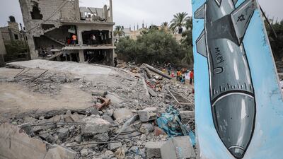 A mural on a destroyed house, also part of the exhibition. Israel launched several attacks against the military leadership of the Palestinian Islamic Jihad movement in retaliation to rockets being fired towards Israel from the Gaza Strip. EPA