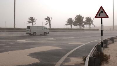Strong winds blow up sand and dust along the Sheikh Khalifa motorway on Saadiyat Island. Deepthi Unnikrishnan / The National
