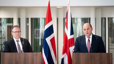 UK Defence Secretary Ben Wallace, right, at a press conference with Norway's Bjorn Arild Gram, on Thursday. PA