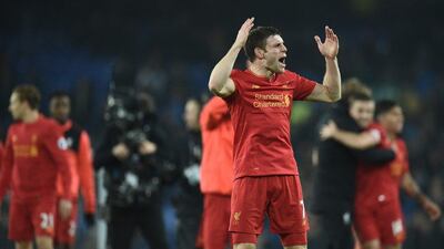 Liverpool’s English midfielder James Milner shouts at the fans following the English Premier League match between Everton and Liverpool at Goodison Park in Liverpool, England on December 19, 2016. Oli Scarff / AFP