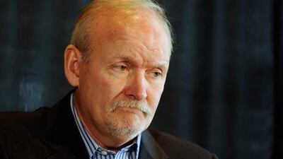 Lindy Ruff at a news conference in his first public appearance two days after being fired as the Buffalo Sabres NHL hockey coach. Gary Wiepert / AP Photo