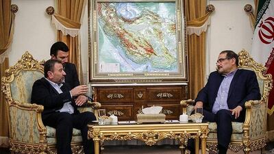 Saleh Al Arouri (L), Hamas deputy chief, meets with Ali Shamkhani, secretary of Iran's National Security Council, in Tehran, Iran on October 21, 2017. Tasnim News Agency / Reuters