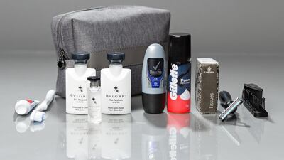 Business class Bulgari amenity kits for men. Courtesy Emirates