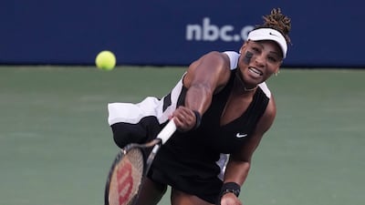 Serena Williams, of the United States, serves to Belinda Bencic, of Switzerland, during the National Bank Open tennis tournament Wednesday, Aug. 10, 2022, in Toronto. (Chris Young / The Canadian Press via AP)