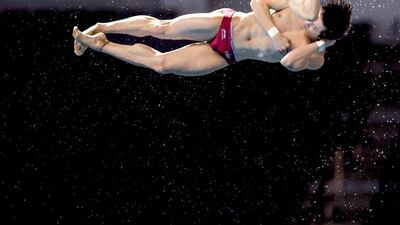Chen Aisen and Lin Yue of China perform in the 10m. Platform Men Synchro at the Fina Diving World Series 2016 at Hamdan Sport Complex. G.Scala/Insidefoto/Deepbluemedia