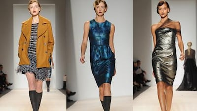 Textured fabrics broke up the otherwise earthy palettes at Lela Rose.