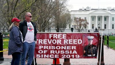 Joey and Paula Reed, parents of US Marine Corps veteran and Russian prisoner Trevor Reed, in Lafayette Park near the White House, in Washington. AP