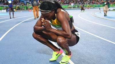 Jamaica’s Elaine Thompson celebrates after she won the women’s 100m final during the athletics event at the Rio 2016 Olympic Games at the Olympic Stadium in Rio de Janeiro on August 13, 2016. Franck Fife / AFP