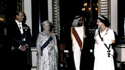 Sheikh Zayed, Queen Elizabeth II, the Queen Mother and Prince Philip in London, July 18, 1989. Photo: Ministry of Presidential Affairs