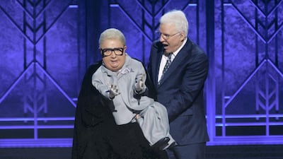 Martin Short as Jiminy Glick, left, with Steve Martin in the Netflix special. Courtesy Netflix