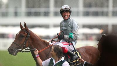 Frankie Dettori celebrates after he rides Raffle Prize to win The Queen Mary Stakes. Getty Images