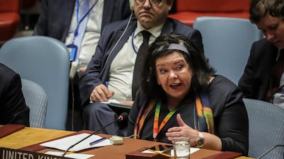 The UK's UN ambassador Karen Pierce addresses the Security Council after it voted to approve a revised draft resolution extending targeted sanctions in Yemen. AP