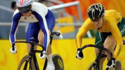 Victoria Pendleton, left, beats Australia's Anna Meares for gold.