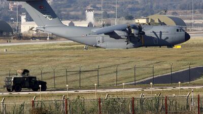 A Turkish Air Force A400M tactical transport aircraft is parked at Incirlik airbase in the southern city of Adana, Turkey. Murad Sezer / Reuters