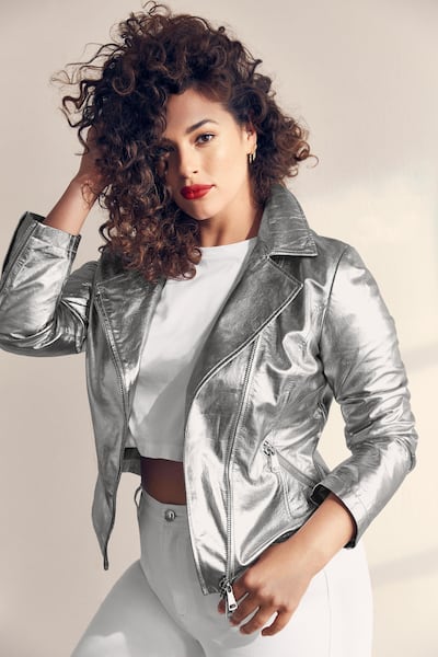 Ashley Graham in a silver jacket that she has designed for Marina Rinaldi. Courtesy Marina Rinaldi