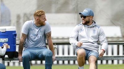 New England captain Ben Stokes and Test coach Brendon McCullum during a training session at Lord's Cricket Ground on Monday, May 30, 2022. PA